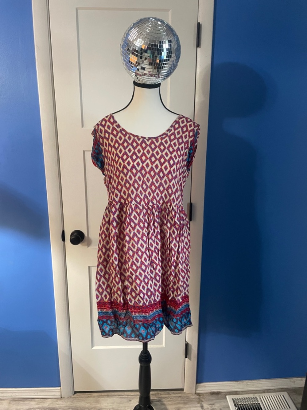 Roper Pink Diamond-Print Cotton Dress with Blue Hem Accent